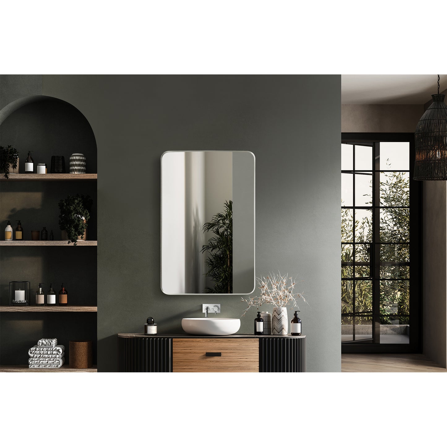 Mutriku 24" W x 36" H Rectangle Metal Wall Mirror in Satin Nickel
