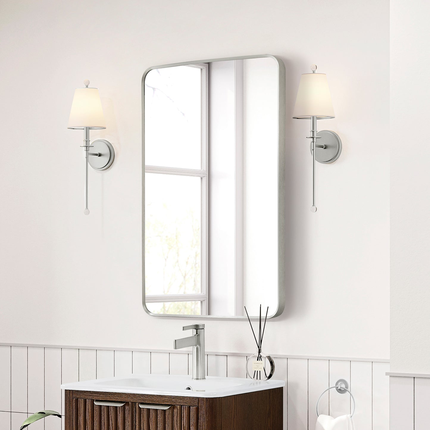 Mutriku 24" W x 36" H Rectangle Metal Wall Mirror in Satin Nickel