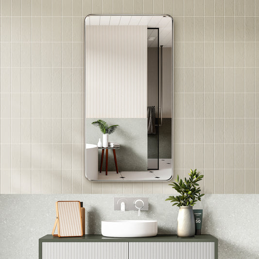 Mutriku 24" W x 45" H Rectangle Metal Wall Mirror in Satin Nickel