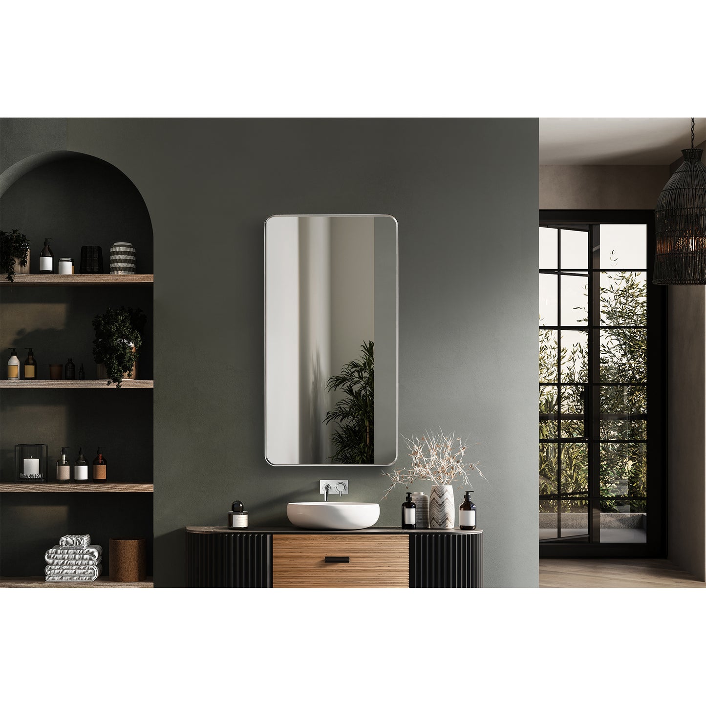 Mutriku 24" W x 45" H Rectangle Metal Wall Mirror in Satin Nickel