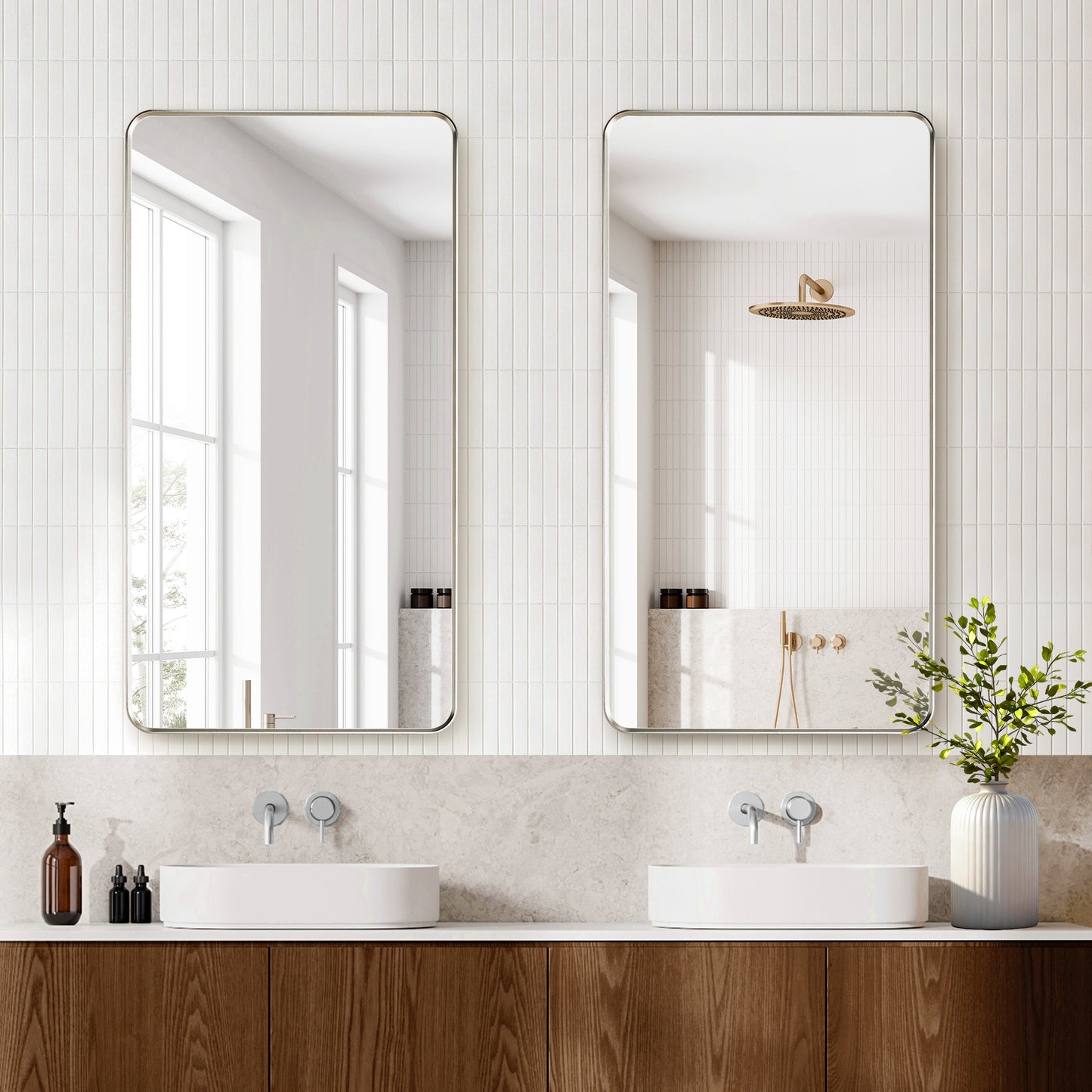 Mutriku 24" W x 45" H Rectangle Metal Wall Mirror in Satin Nickel