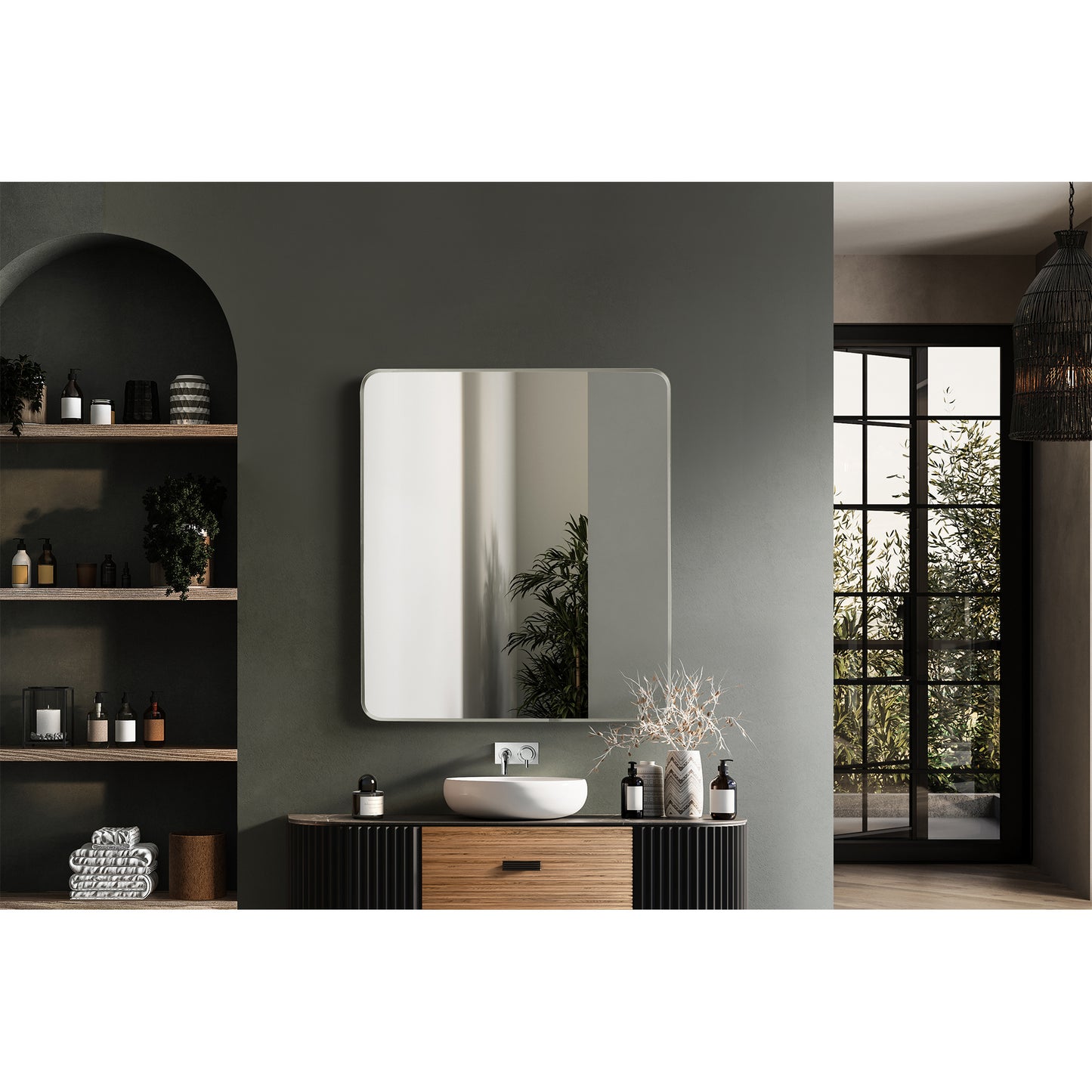 Mutriku 32" W x 36" H Rectangle Metal Wall Mirror in Satin Nickel