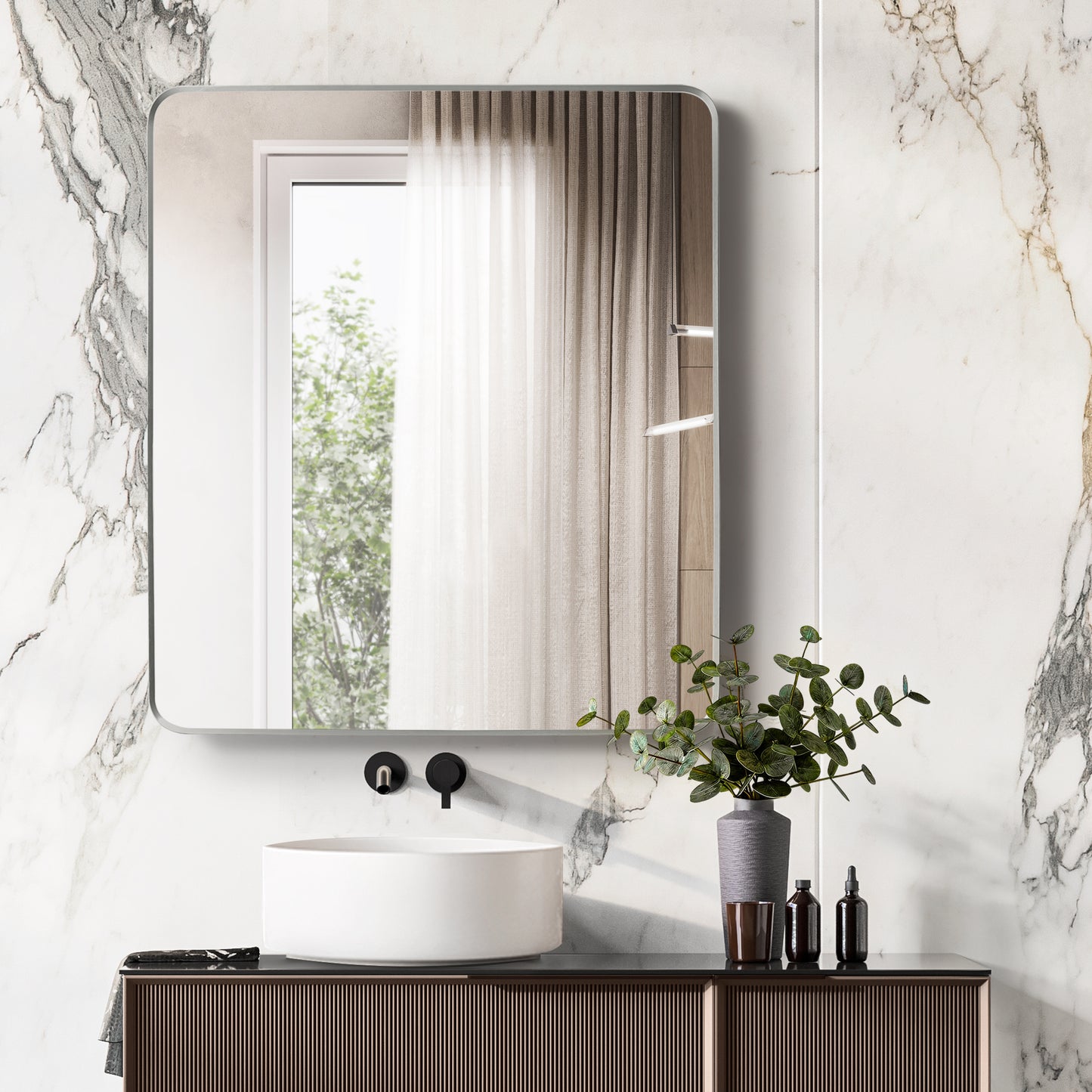 Mutriku 32" W x 36" H Rectangle Metal Wall Mirror in Satin Nickel