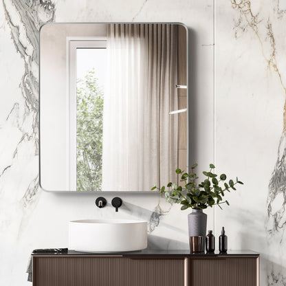 Mutriku 32" W x 36" H Rectangle Metal Wall Mirror in Satin Nickel