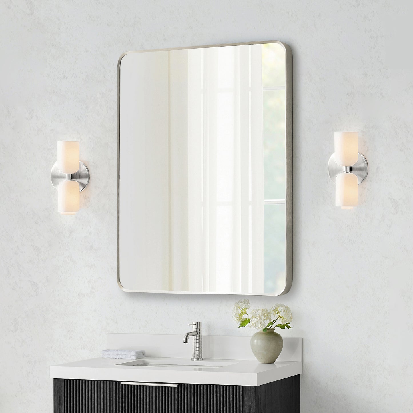 Mutriku 32" W x 36" H Rectangle Metal Wall Mirror in Satin Nickel
