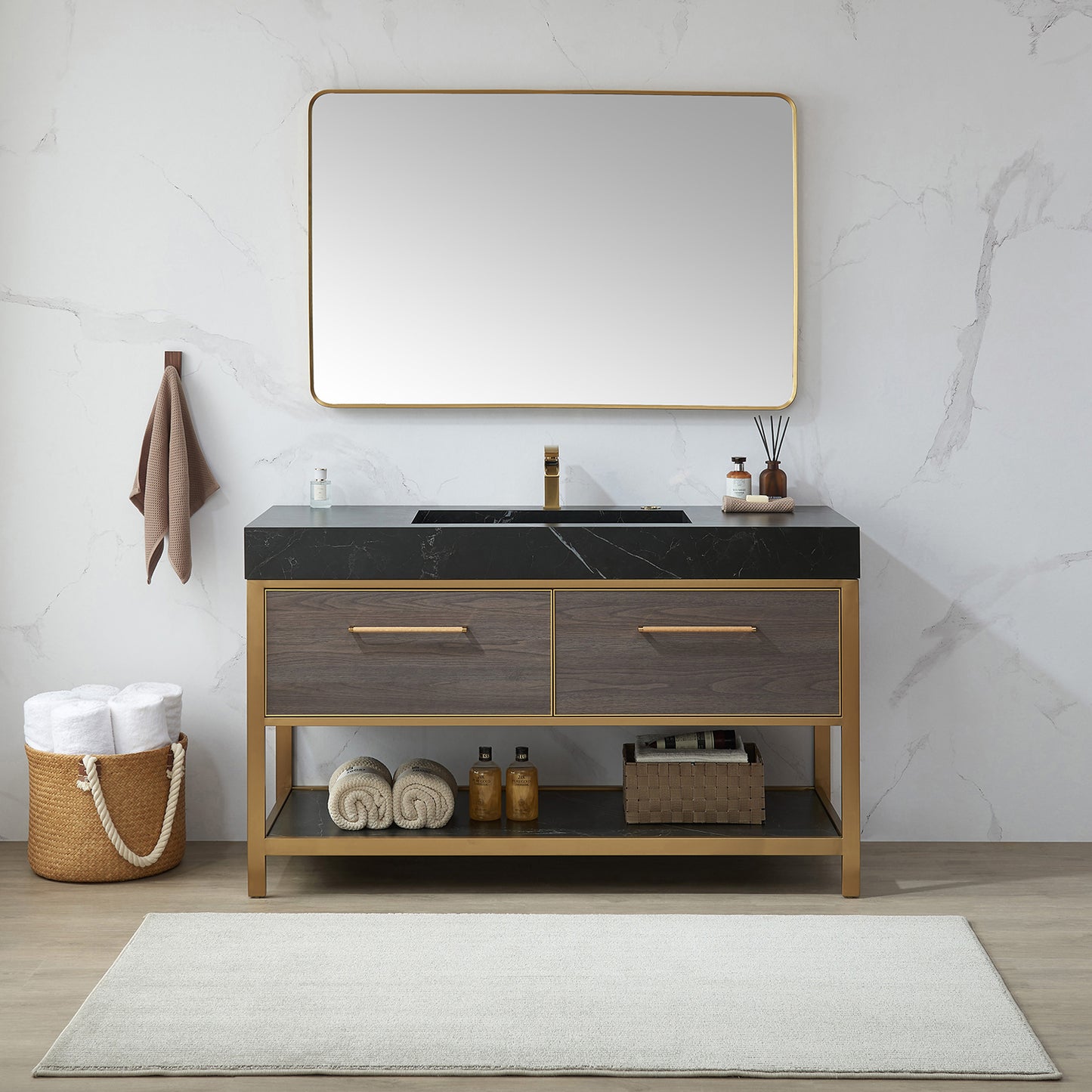 Mutriku 48 in. W x 32 in. H Rectangle Metal Wall Mirror in Brushed Gold