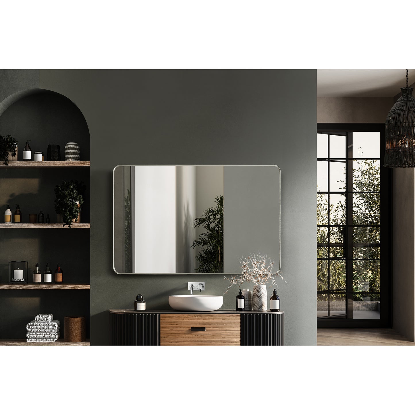 Mutriku 48" W x 32" H Rectangle Metal Wall Mirror in Satin Nickel