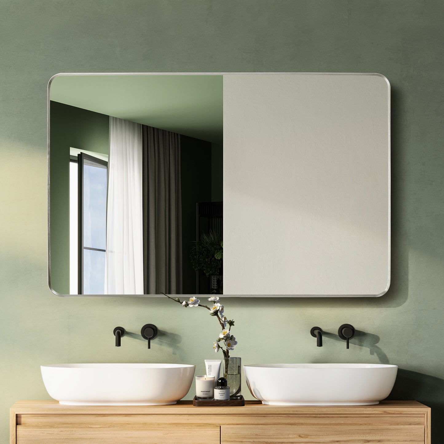Mutriku 48" W x 32" H Rectangle Metal Wall Mirror in Satin Nickel