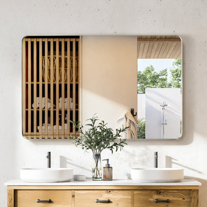 Mutriku 48" W x 32" H Rectangle Metal Wall Mirror in Satin Nickel