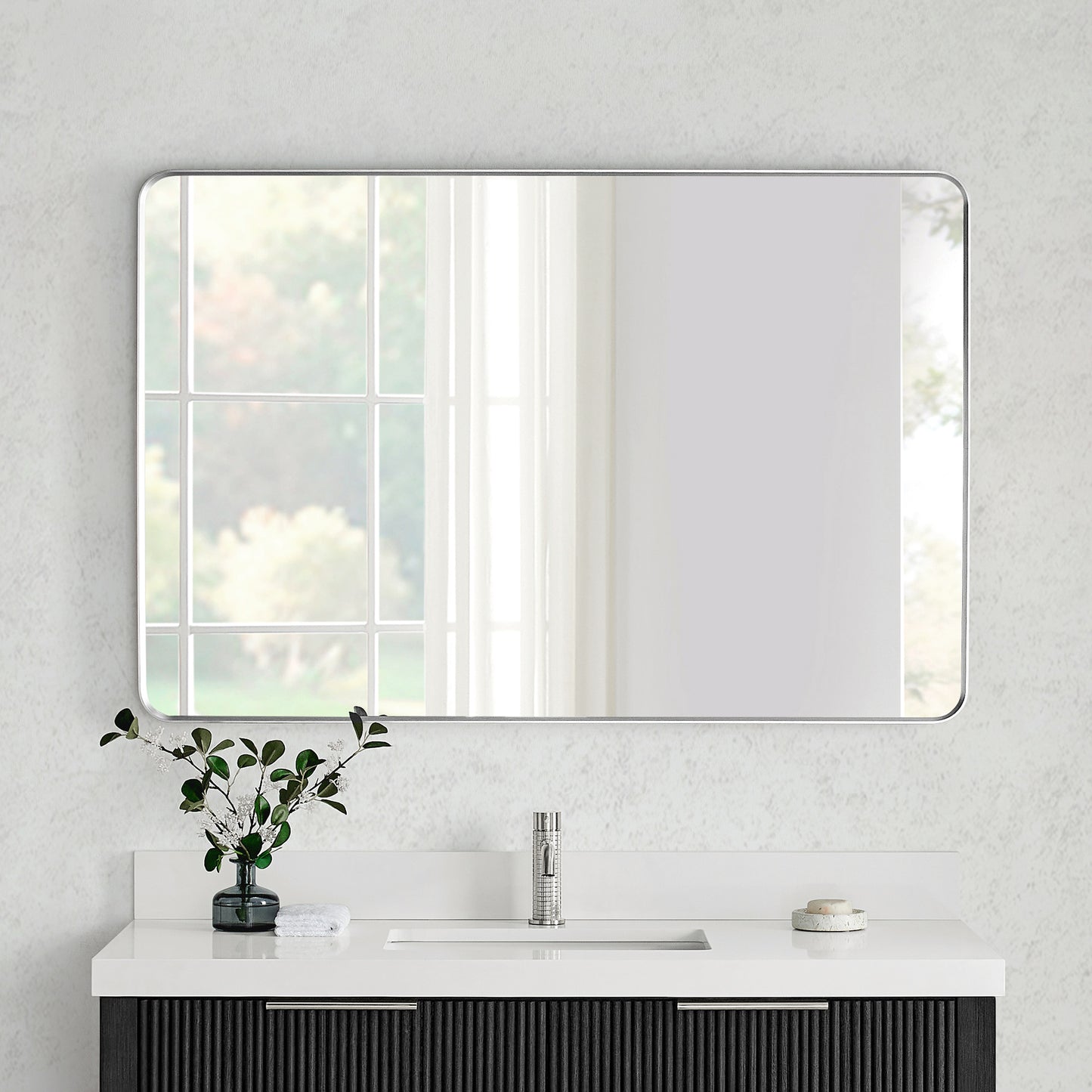 Mutriku 48" W x 32" H Rectangle Metal Wall Mirror in Satin Nickel