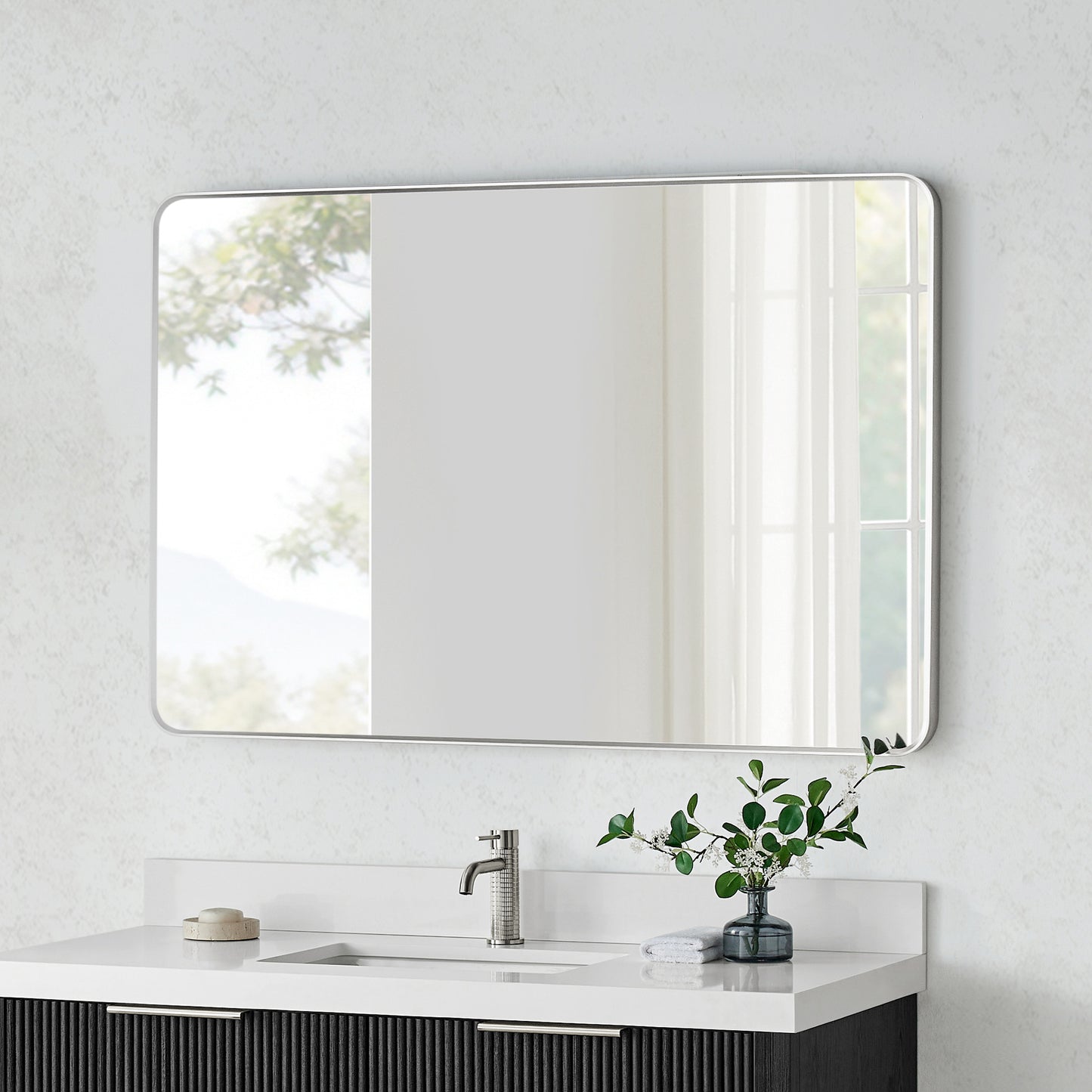 Mutriku 48" W x 32" H Rectangle Metal Wall Mirror in Satin Nickel