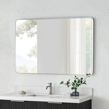 Mutriku 48" W x 32" H Rectangle Metal Wall Mirror in Satin Nickel
