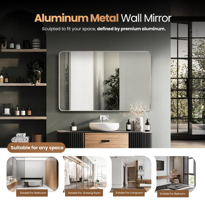 Mutriku 48" W x 32" H Rectangle Metal Wall Mirror in Satin Nickel