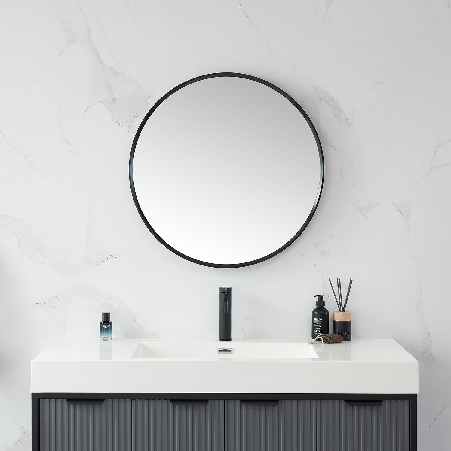 Cascante 28 in. W x 28 in. H Round Metal Wall Mirror in Brushed Black
