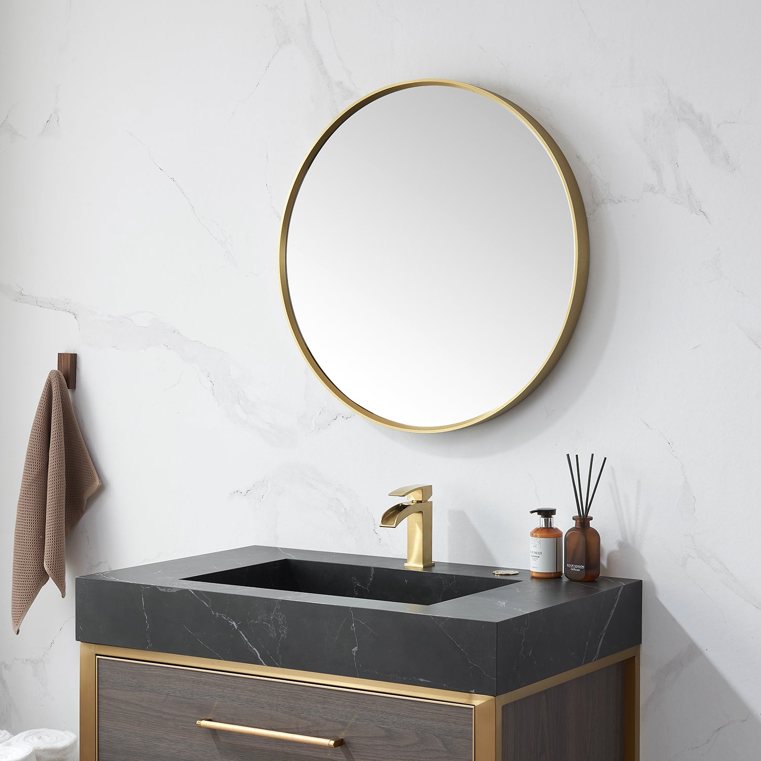 Cascante 28 in. W x 28 in. H Round Metal Wall Mirror in Brushed  Gold