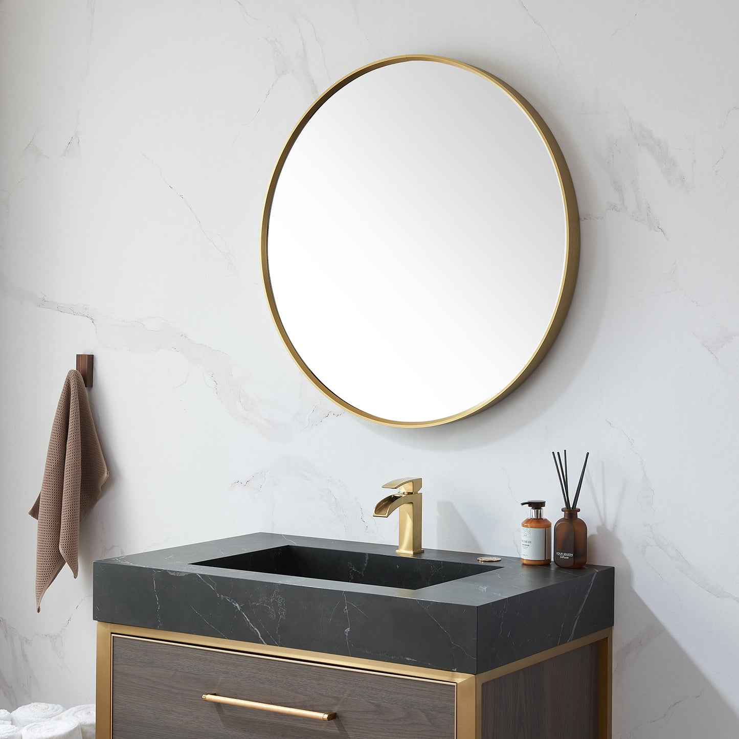 Cascante 32 in. W x 32 in. H Round Metal Wall Mirror in Brushed Gold