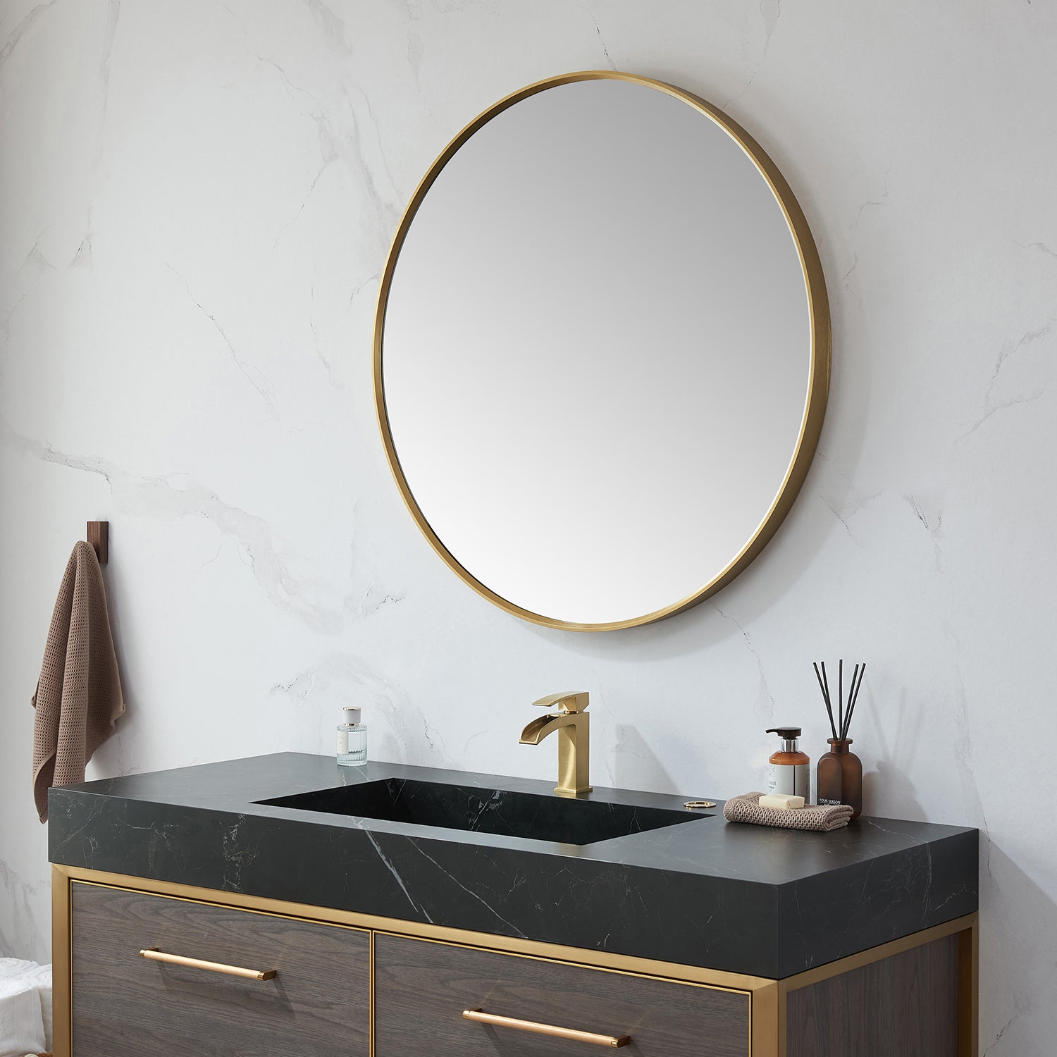 Cascante 35.4 in. W x 35.4 in. H Round Metal Wall Mirror in Brushed  Gold