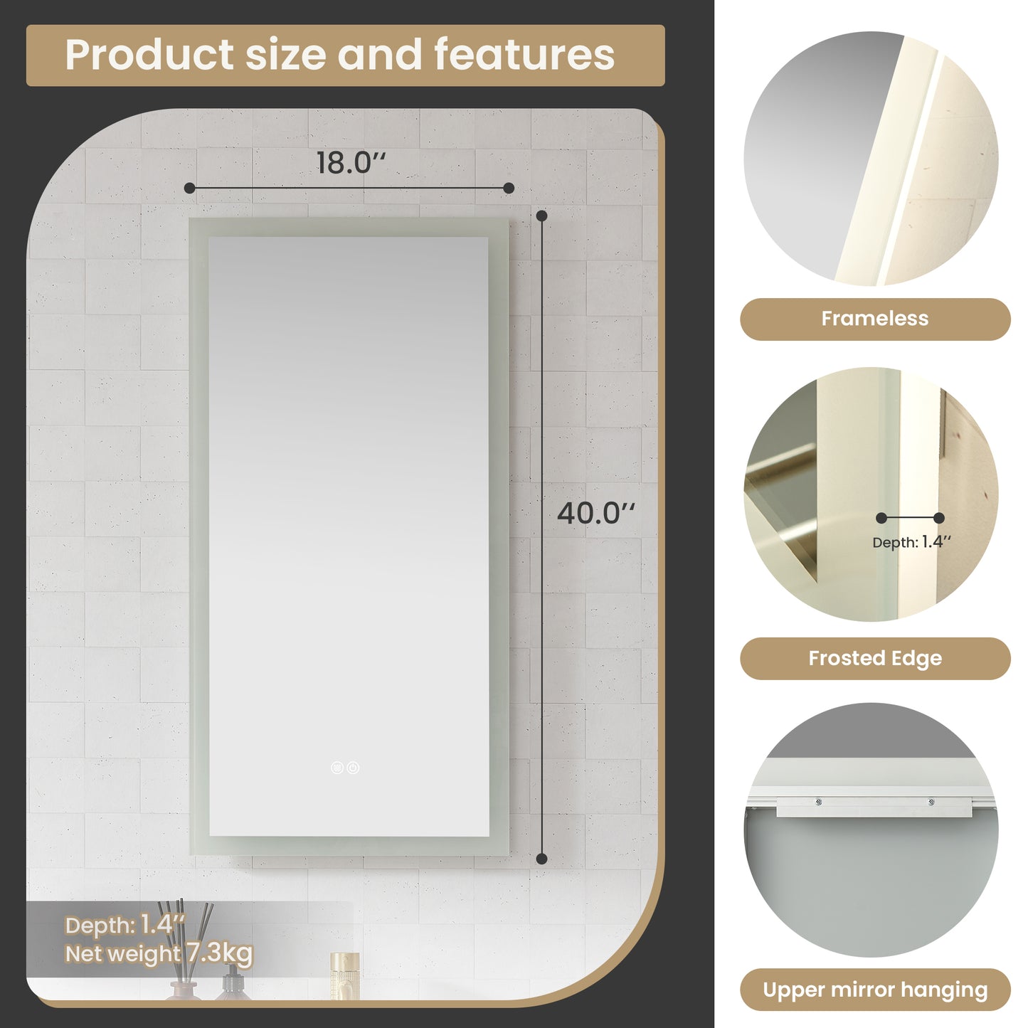 Beijing 18" W x 40" H Rectangular Acrylic Frameless LED Wall Mount Bathroom Vanity Mirror