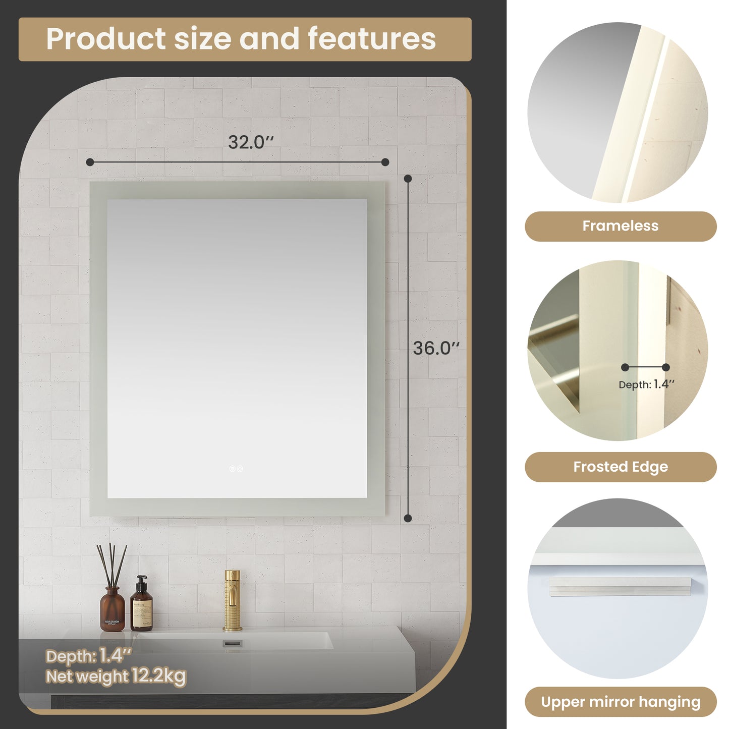 Beijing 32" W x 36" H Rectangular Acrylic Frameless LED Wall Mount Bathroom Vanity Mirror