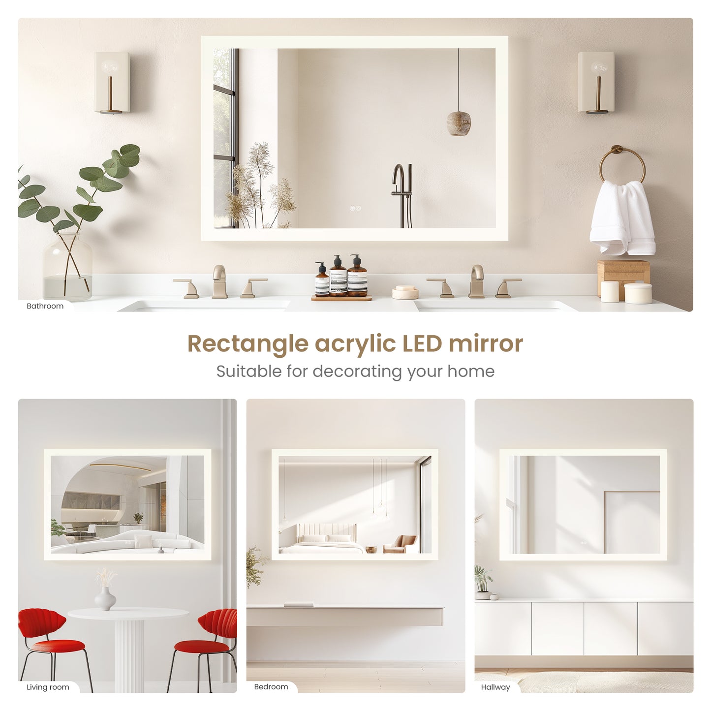 Beijing 48" W x 32" H Rectangular Acrylic Frameless LED Wall Mount Bathroom Vanity Mirror