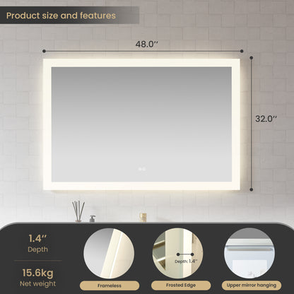 Beijing 48" W x 32" H Rectangular Acrylic Frameless LED Wall Mount Bathroom Vanity Mirror