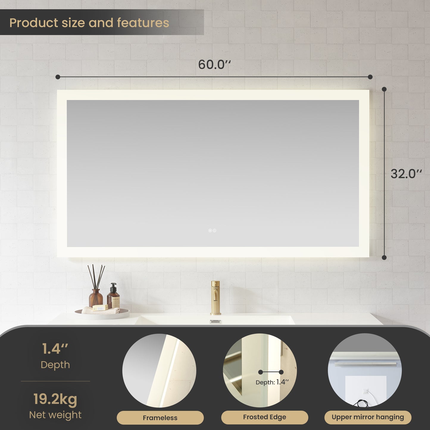 Beijing 60" W x 32" H Rectangular Acrylic Frameless LED Wall Mount Bathroom Vanity Mirror