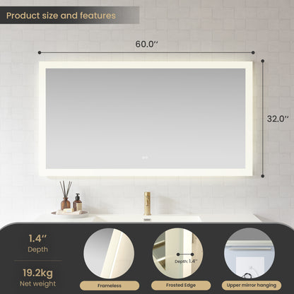 Beijing 60" W x 32" H Rectangular Acrylic Frameless LED Wall Mount Bathroom Vanity Mirror