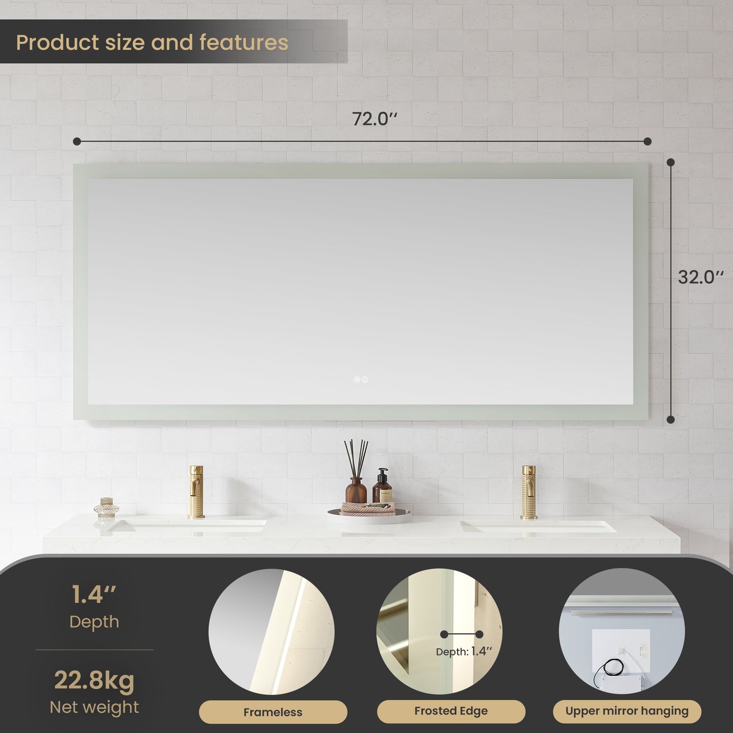 Beijing 72" W x 32" H Rectangular Acrylic Frameless LED Wall Mount Bathroom Vanity Mirror