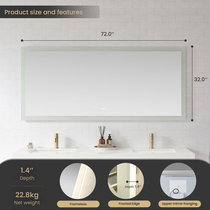 Beijing 72" W x 32" H Rectangular Acrylic Frameless LED Wall Mount Bathroom Vanity Mirror