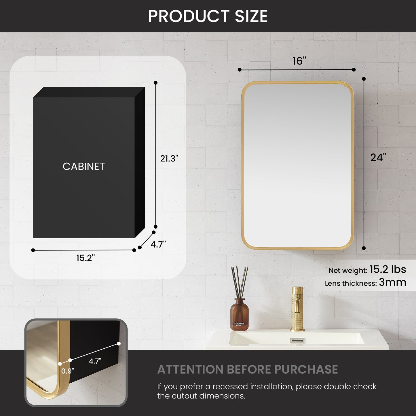 Talayuela 16"W x 24"H Rectangular Aluminum Framed Medicine Cabinet in Brushed Gold