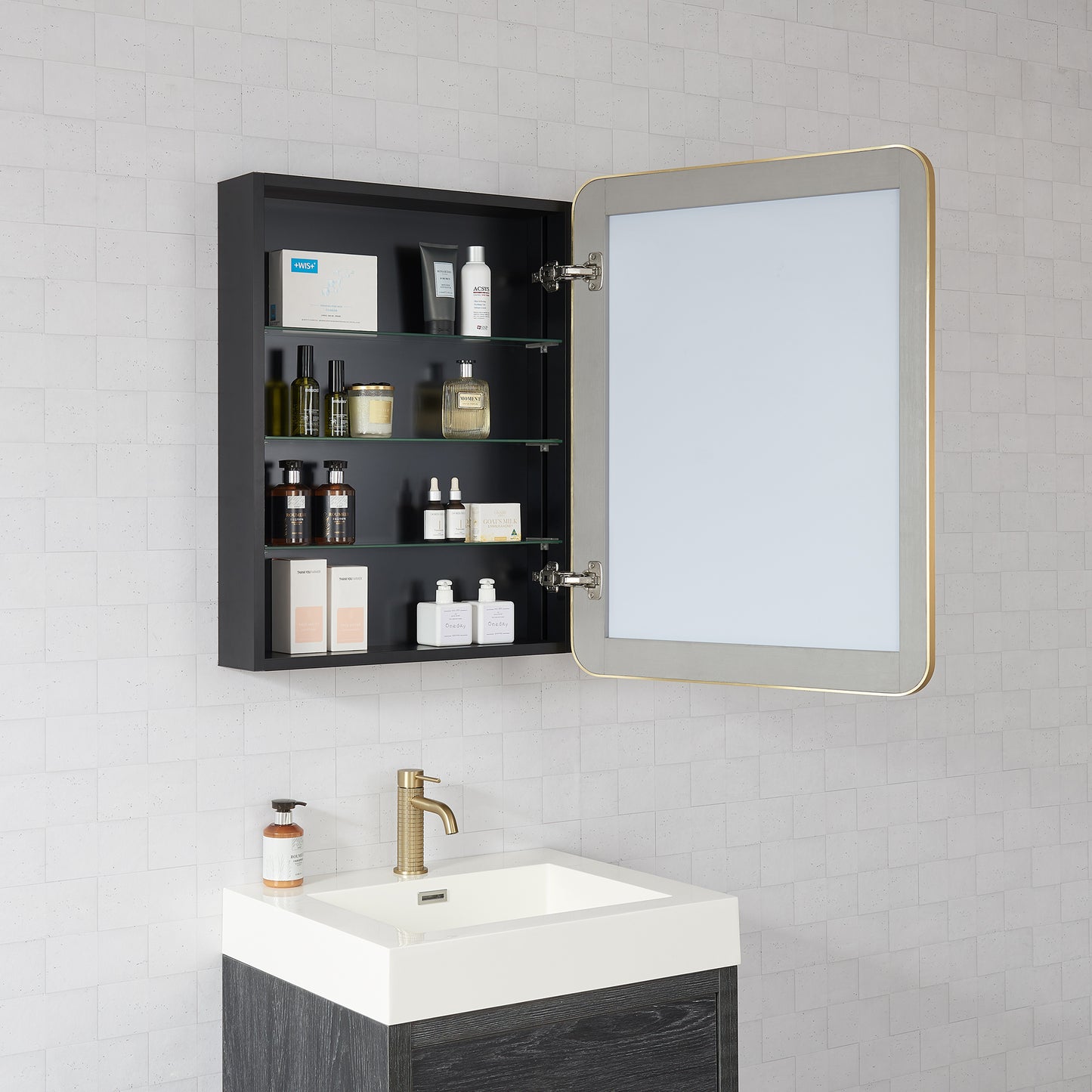 Talayuela 24"W x 32"H Rectangular Aluminum Framed Medicine Cabinet in Brushed Gold