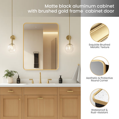 Talayuela 24"W x 32"H Rectangular Aluminum Framed Medicine Cabinet in Brushed Gold