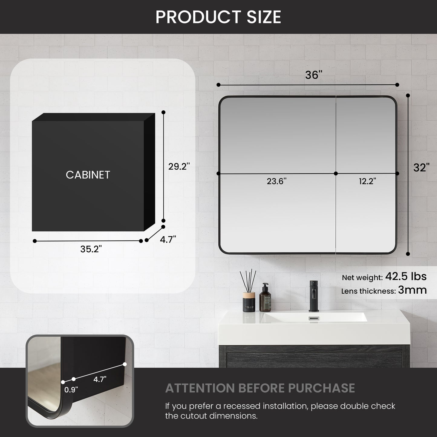 Talayuela 36"W x 32"H Rectangular Aluminum Framed Medicine Cabinet in Brushed Black