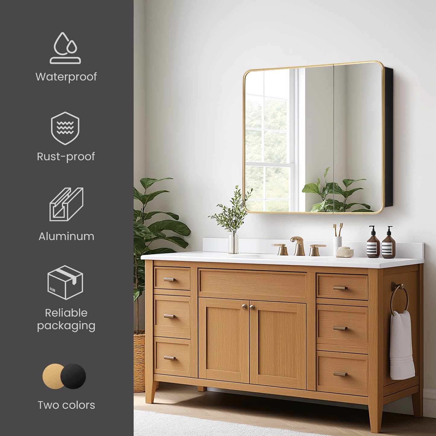 Talayuela 36"W x 32"H Rectangular Aluminum Framed Medicine Cabinet in Brushed Gold