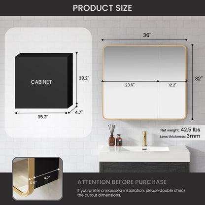 Talayuela 36"W x 32"H Rectangular Aluminum Framed Medicine Cabinet in Brushed Gold