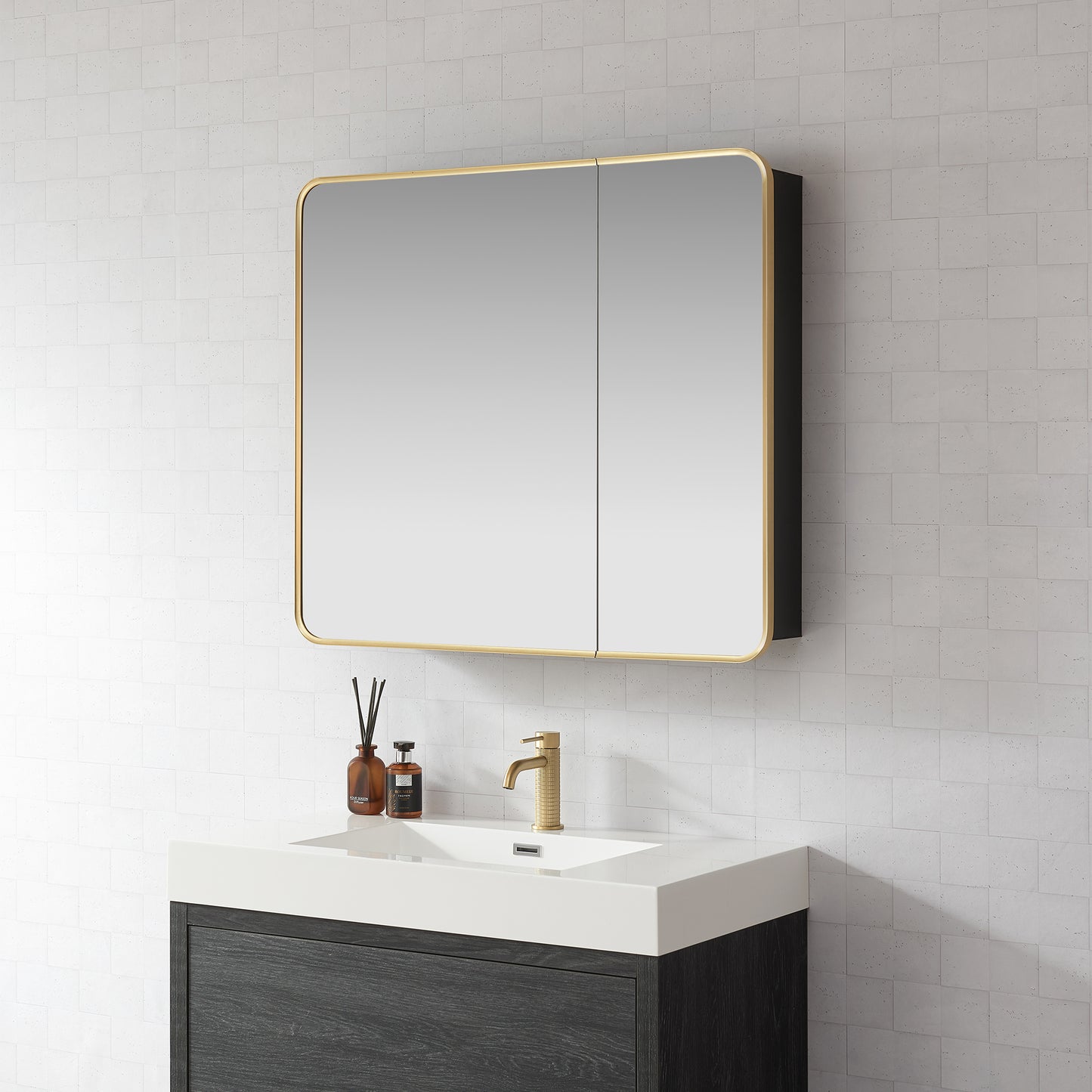 Talayuela 36"W x 32"H Rectangular Aluminum Framed Medicine Cabinet in Brushed Gold