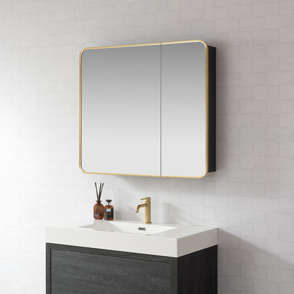 Talayuela 36"W x 32"H Rectangular Aluminum Framed Medicine Cabinet in Brushed Gold