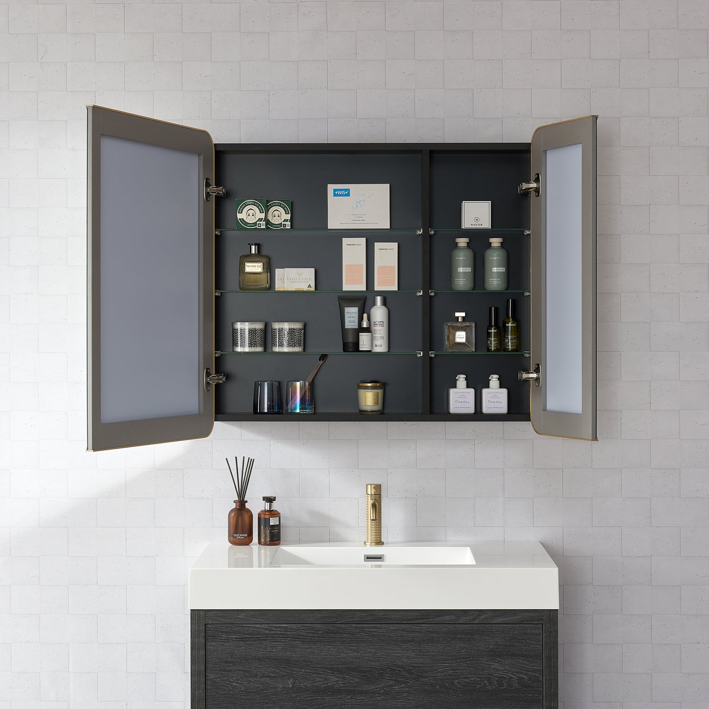 Talayuela 36"W x 32"H Rectangular Aluminum Framed Medicine Cabinet in Brushed Gold