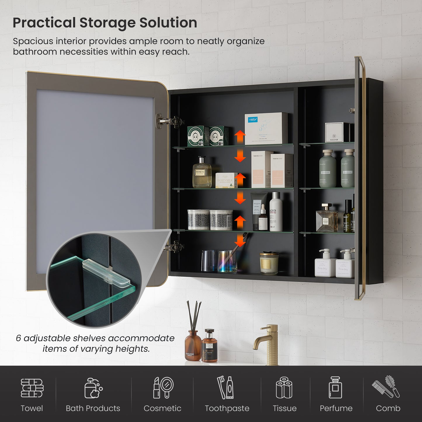 Talayuela 36"W x 32"H Rectangular Aluminum Framed Medicine Cabinet in Brushed Gold