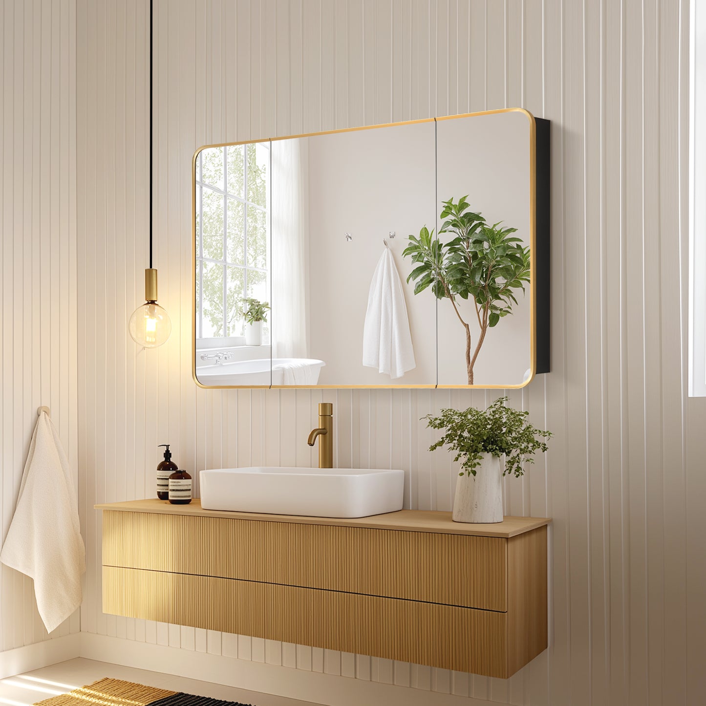 Talayuela 48"W x 32"H Rectangular Aluminum Framed Medicine Cabinet in Brushed Gold