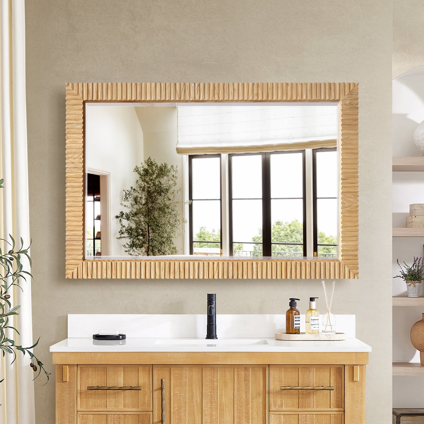 Osaka 48" W x 31.9" H Rectangle Wood Framed Wall Mount Bathroom Vanity Art Mirror in Washed Ash Grey