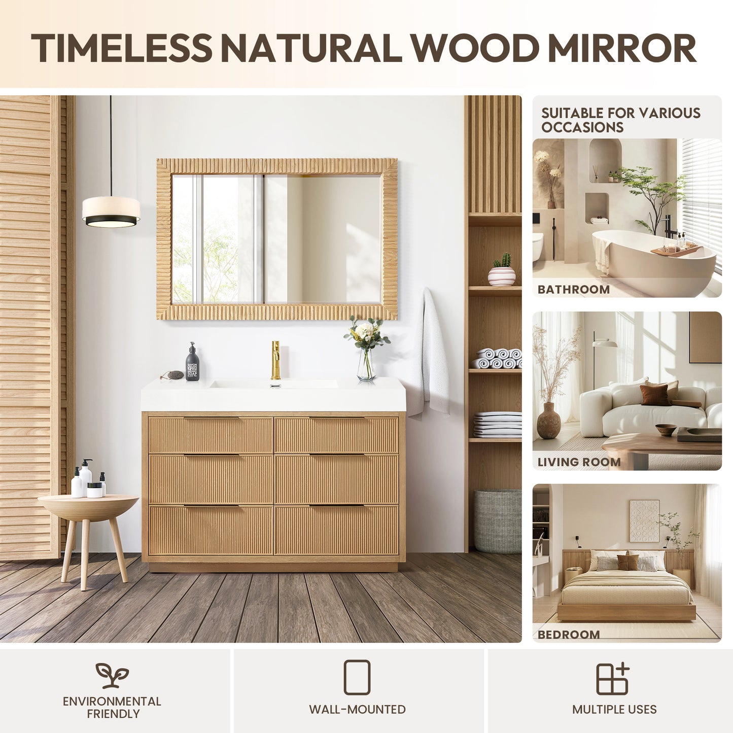 Osaka 48" W x 31.9" H Rectangle Wood Framed Wall Mount Bathroom Vanity Art Mirror in Washed Ash Grey