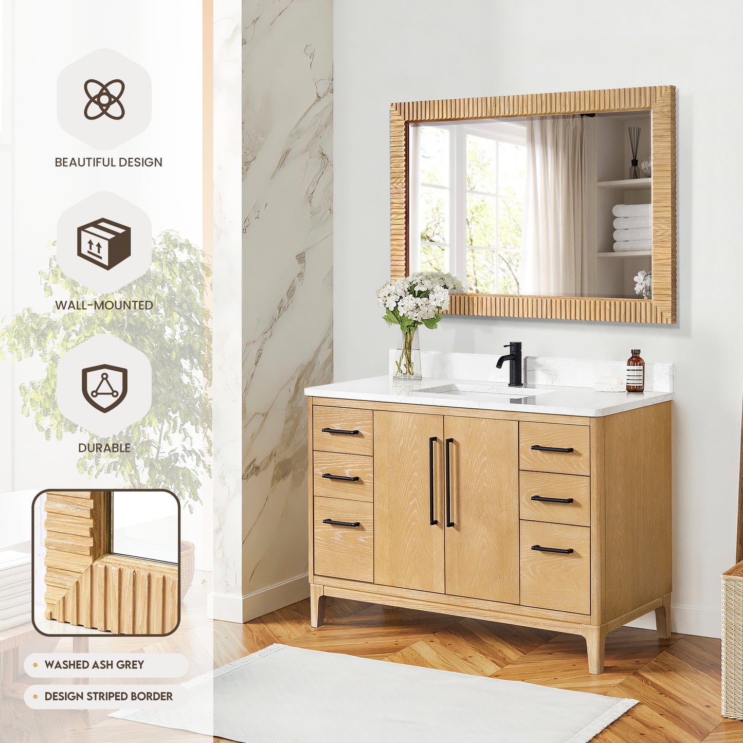 Osaka 48" W x 31.9" H Rectangle Wood Framed Wall Mount Bathroom Vanity Art Mirror in Washed Ash Grey