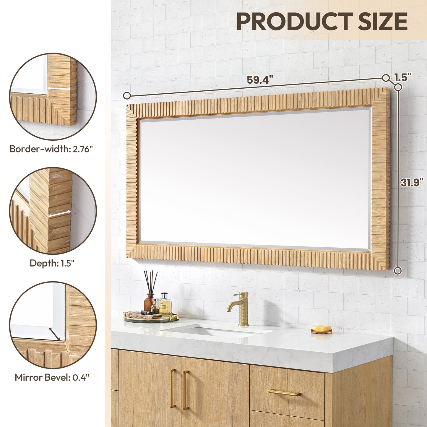 Osaka 60" W x 31.9" H Rectangle Wood Framed Wall Mount Bathroom Vanity Art Mirror in Washed Ash Grey