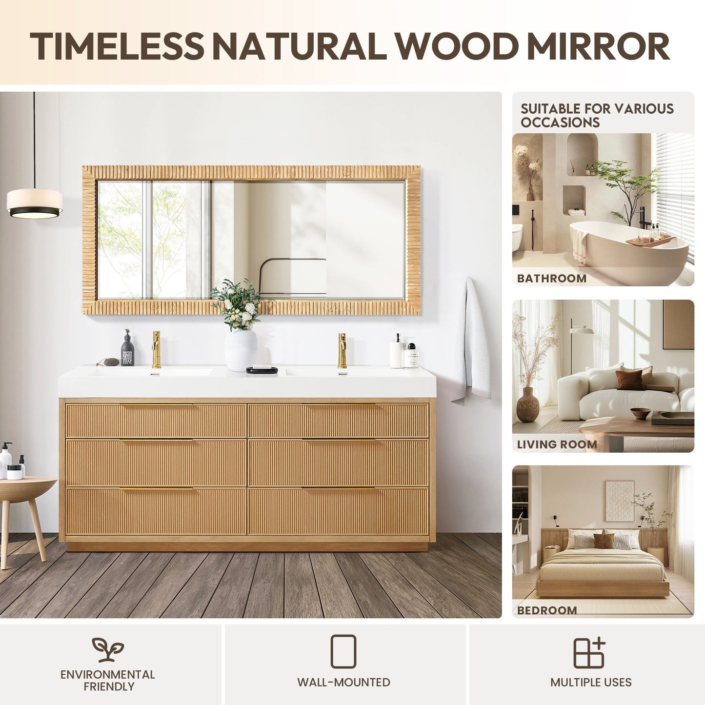 Osaka 72" W x 31.9" H Rectangle Wood Framed Wall Mount Bathroom Vanity Art Mirror in Washed Ash Grey