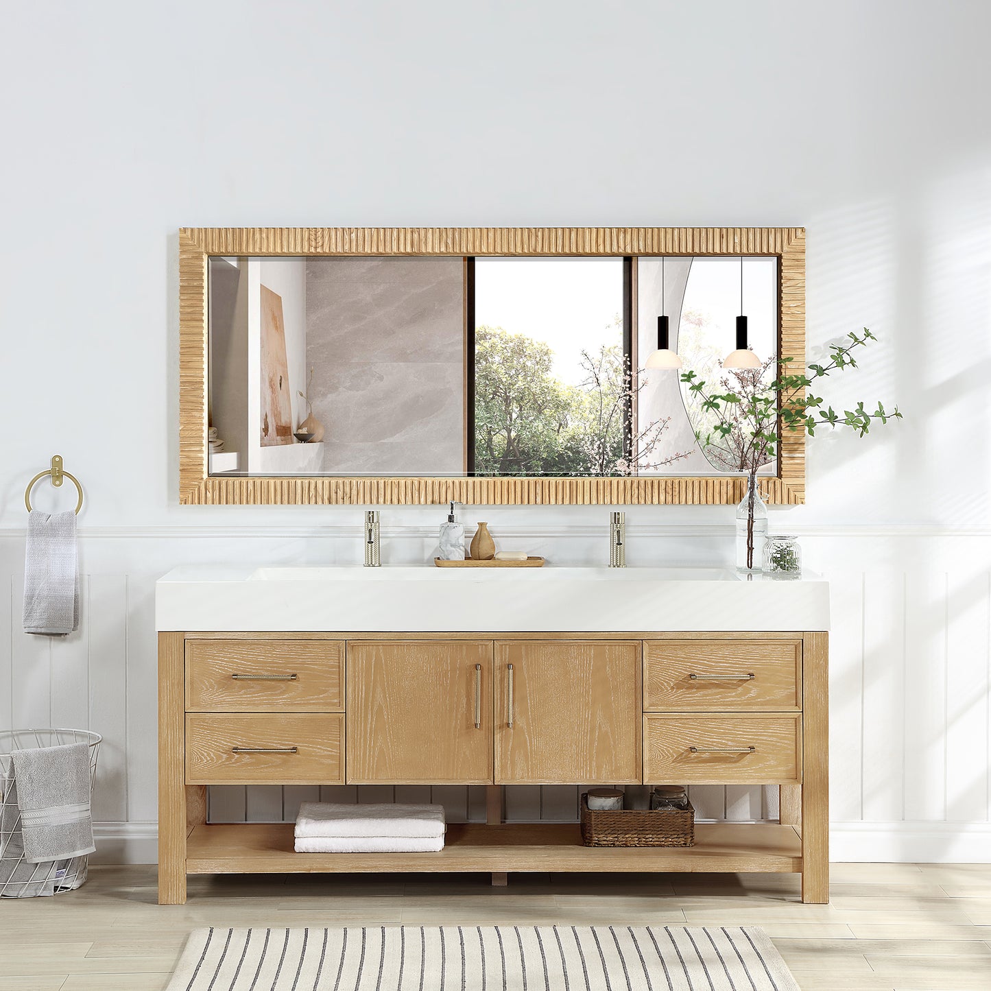 Osaka 72" W x 31.9" H Rectangle Wood Framed Wall Mount Bathroom Vanity Art Mirror in Washed Ash Grey