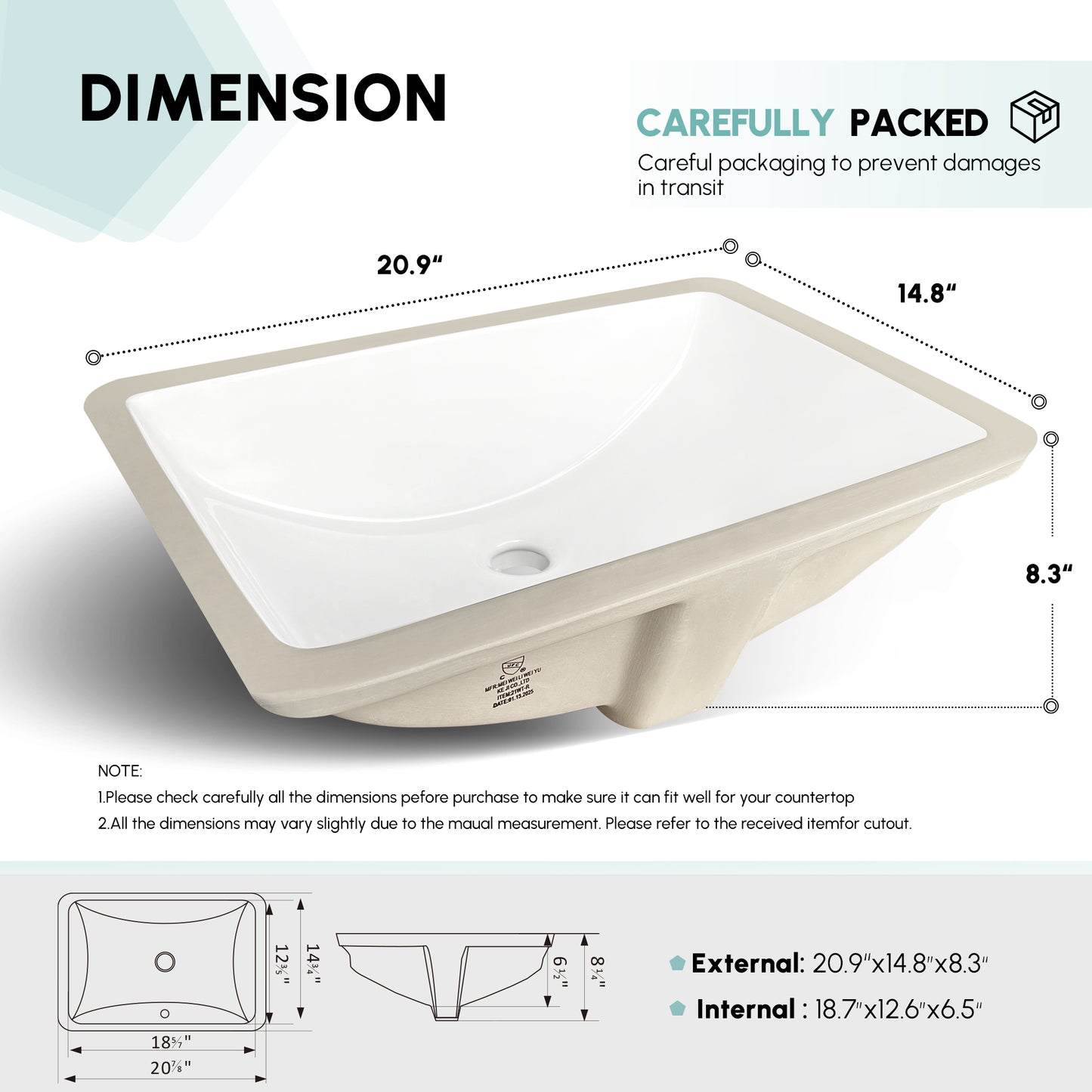 Vinnova Lyon Ceramic Rectangular Undermount Bathroom Sink with Overflow in White