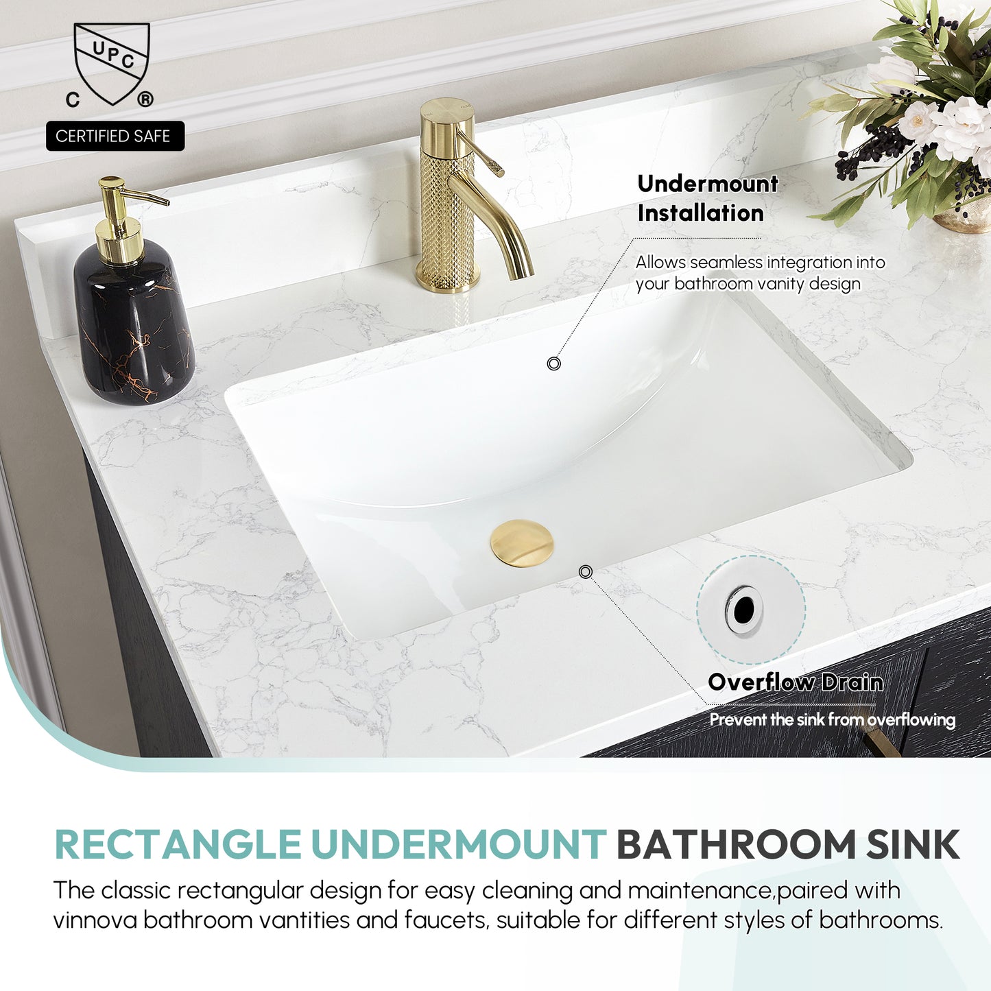 Vinnova Lyon Ceramic Rectangular Undermount Bathroom Sink with Overflow in White
