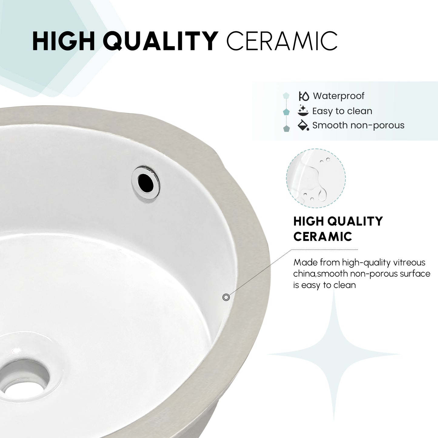 Vinnova Marseille Ceramic Circular Undermount Bathroom Sink with Overflow in White