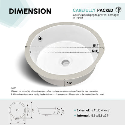 Vinnova Marseille Ceramic Circular Undermount Bathroom Sink with Overflow in White
